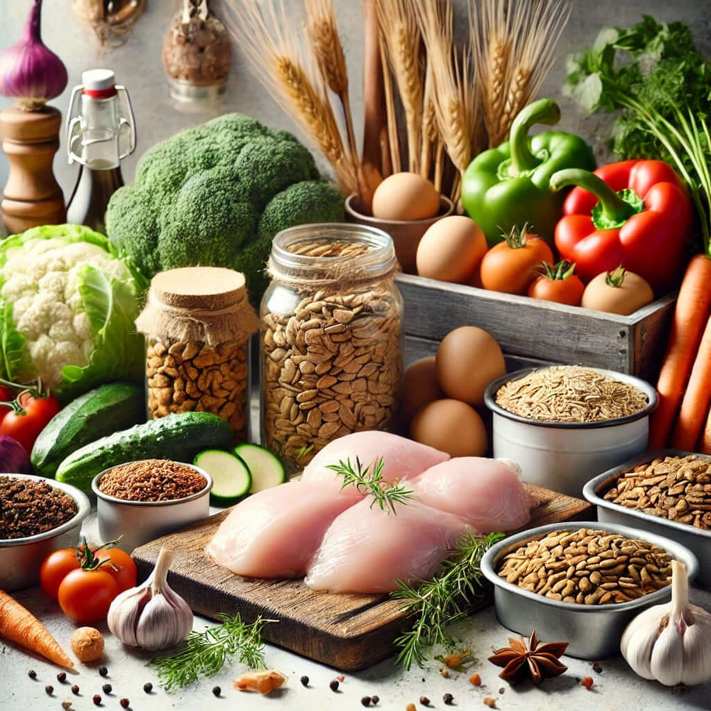 Ingrédients biologiques frais pour la nourriture des chats, notamment du poulet, des légumes, des céréales et des herbes sur une table de cuisine rustique.