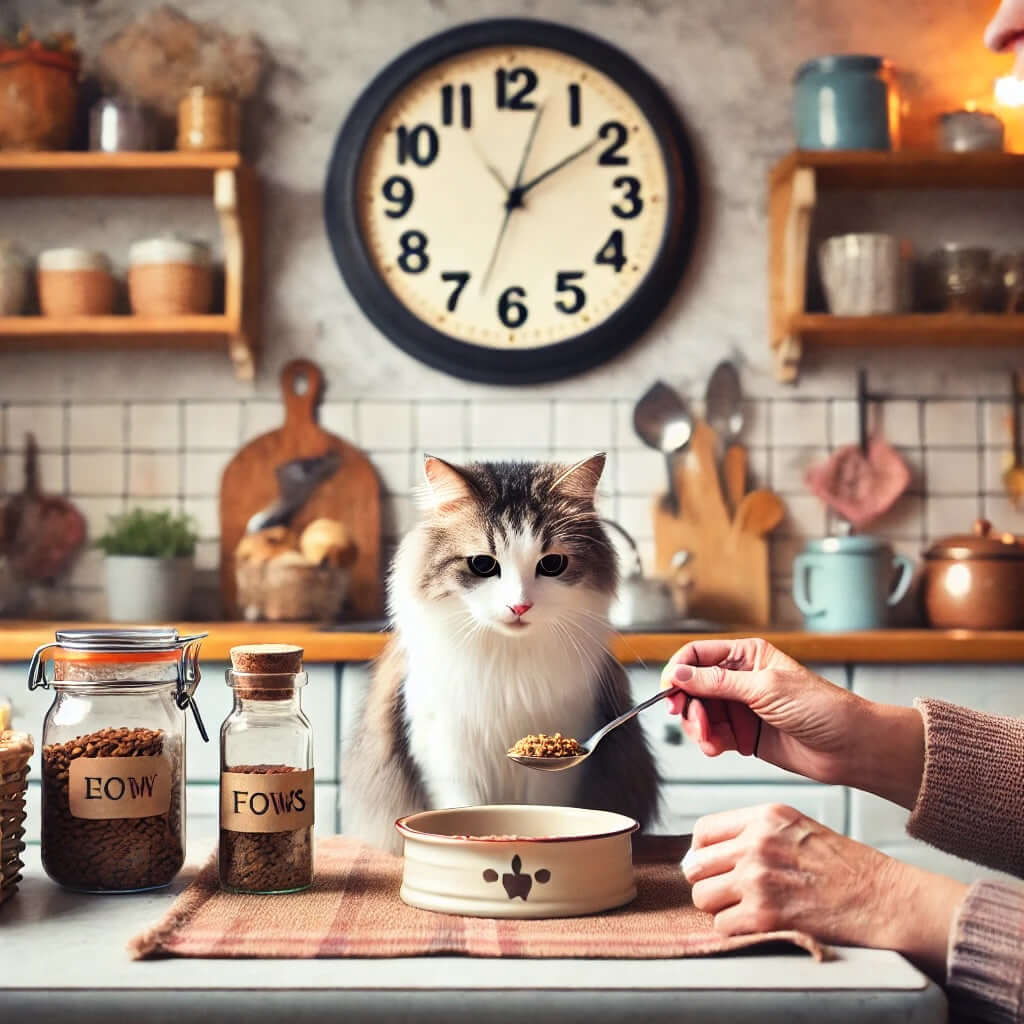 un chat mangeant dans un bol pendant qu'une main sert de la nourriture, avec une horloge en arrière-plan indiquant l'heure des repas.