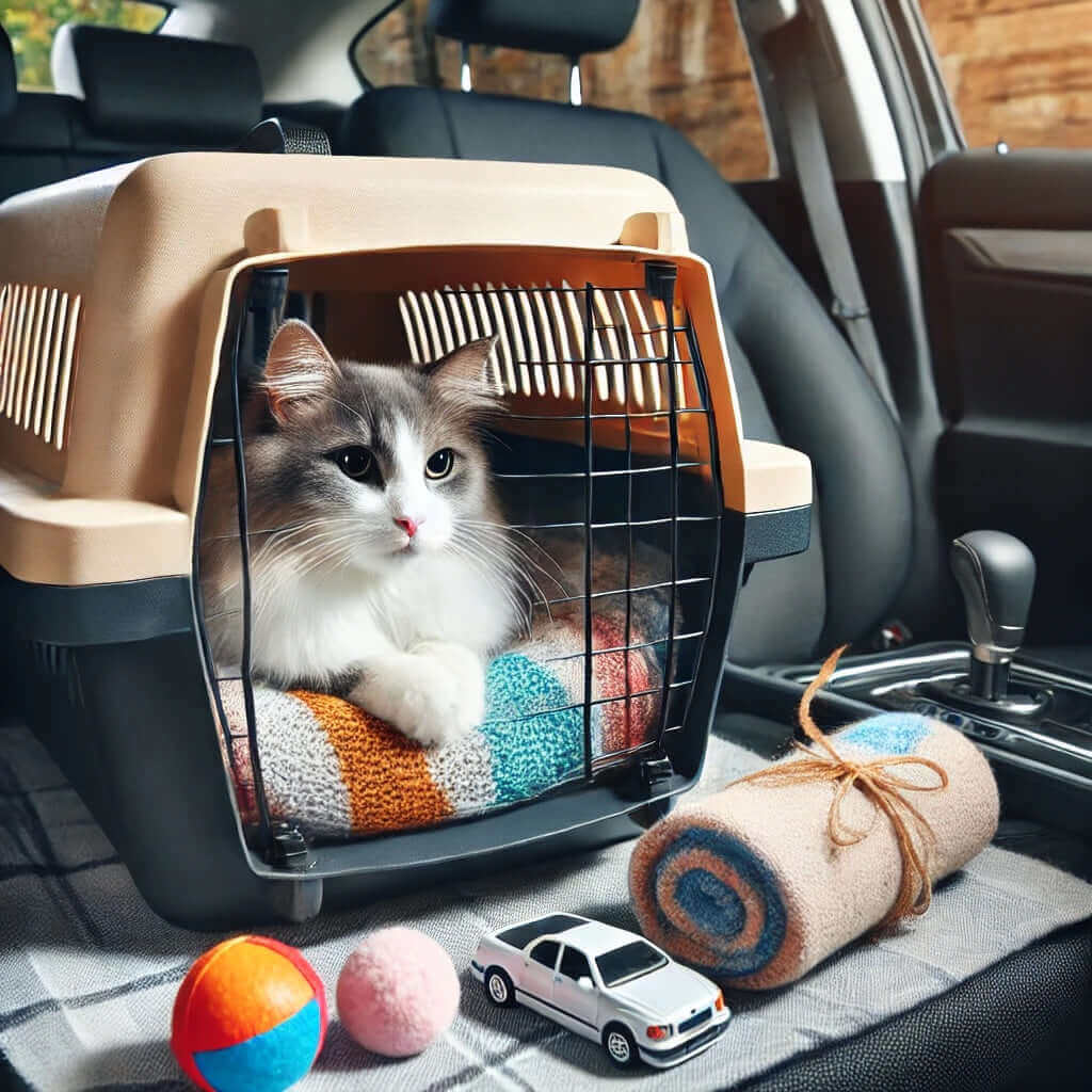 Chat se relaxant dans une caisse de transport avec des couvertures colorées et des jouets dans une voiture, prêt à partir en voyage.