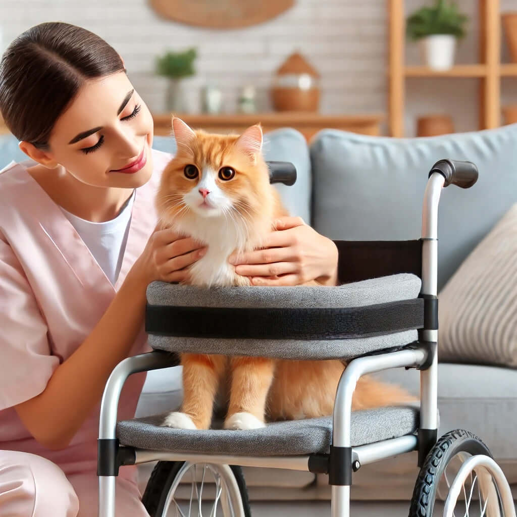 Femme souriante avec un chat dans un fauteuil roulant adapté pour animaux, offrant des soins et de l’attention chaleureuse.
