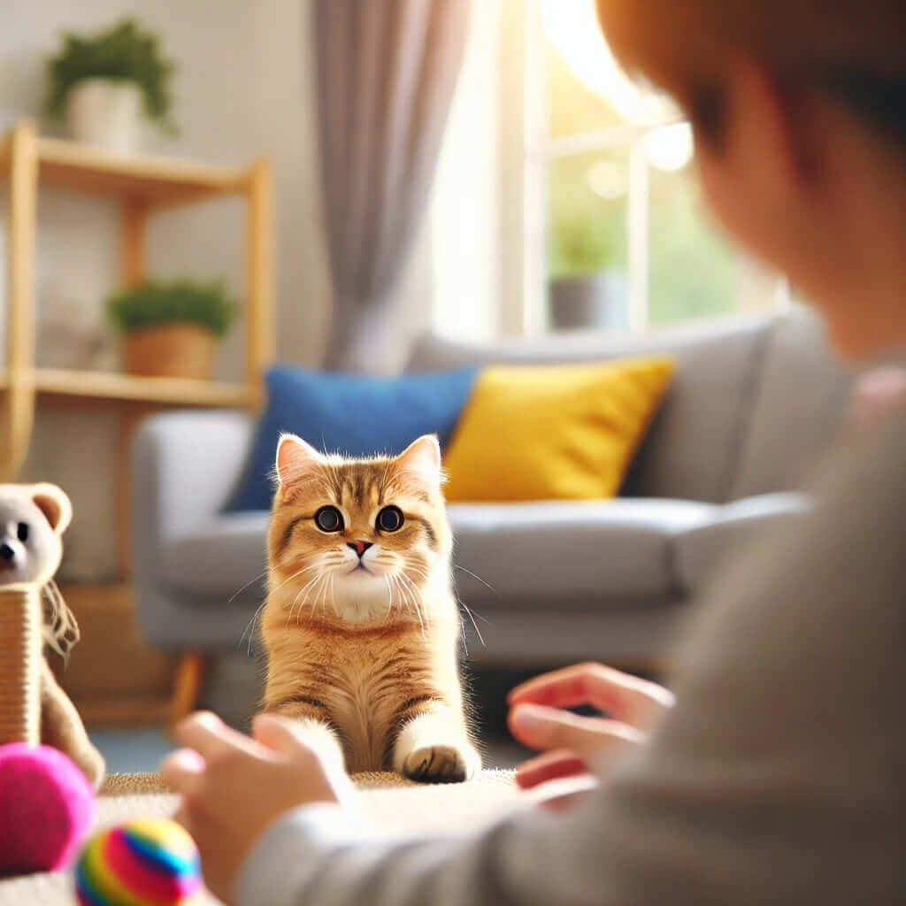 un chat doré attentif jouant avec un enfant dans un salon lumineux et accueillant, entouré de jouets colorés.