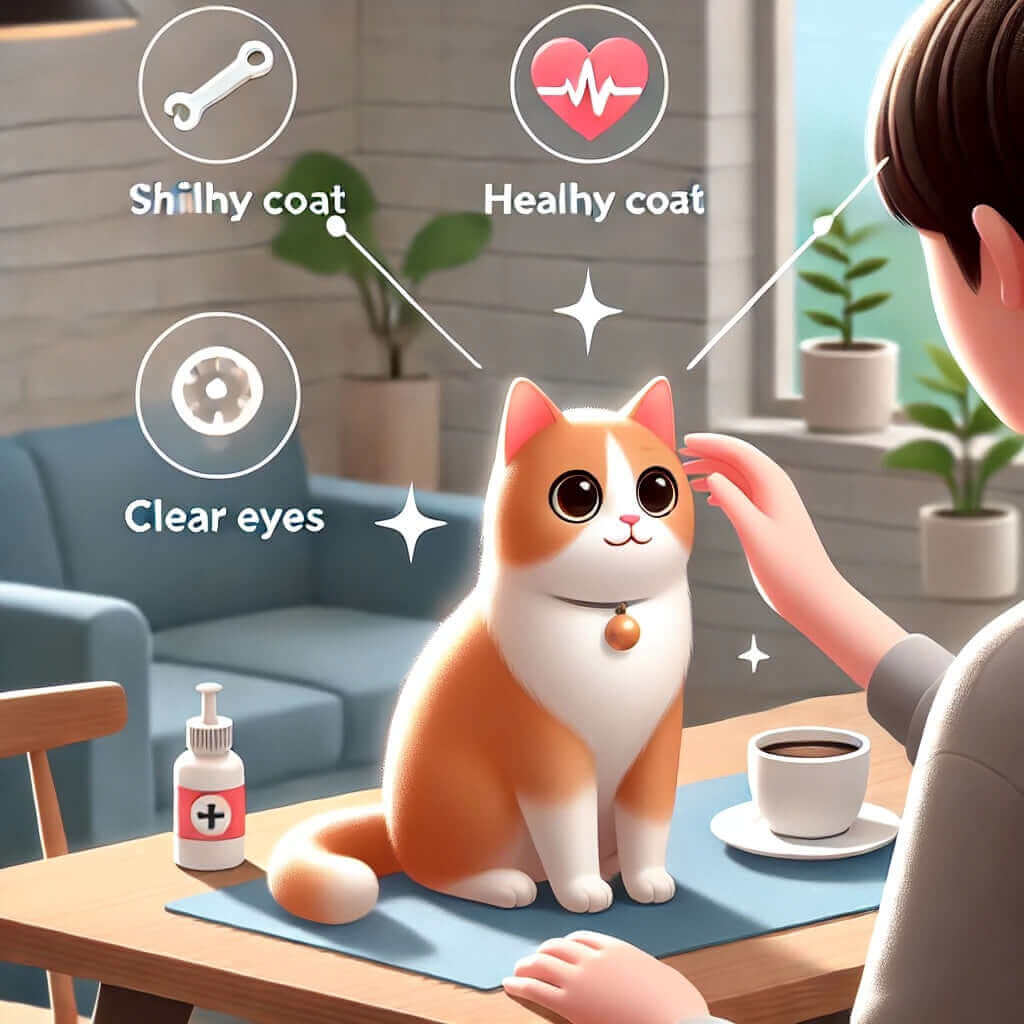 Illustration d'un chat en bonne santé, au pelage brillant, aux yeux clairs et présentant des signes de bien-être, à côté d'une personne qui le caresse à une table.