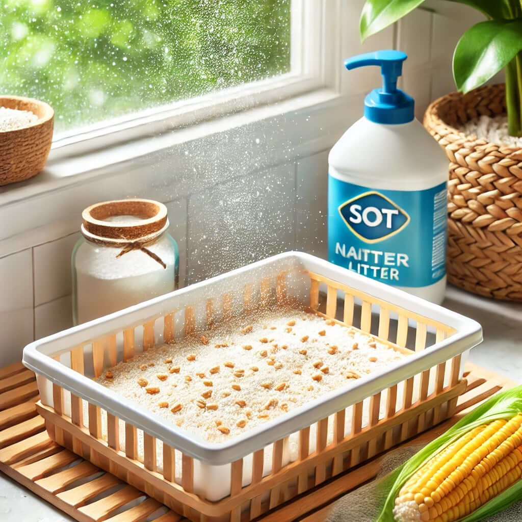 Panier de litière naturel avec granulés, spray désodorisant pour réduire les odeurs de litière, plantes en arrière-plan.