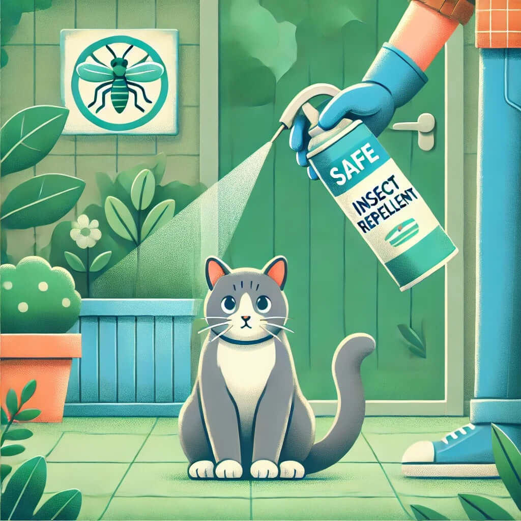Illustration d'un chat assis pendant qu'une personne vaporise un insectifuge sûr dans un jardin.