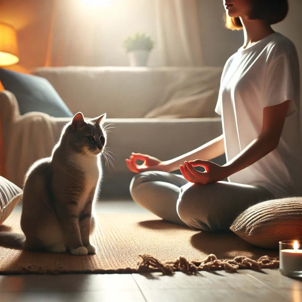 Personne méditant avec un chat dans un salon confortable, créant un environnement calme pour la pleine conscience.