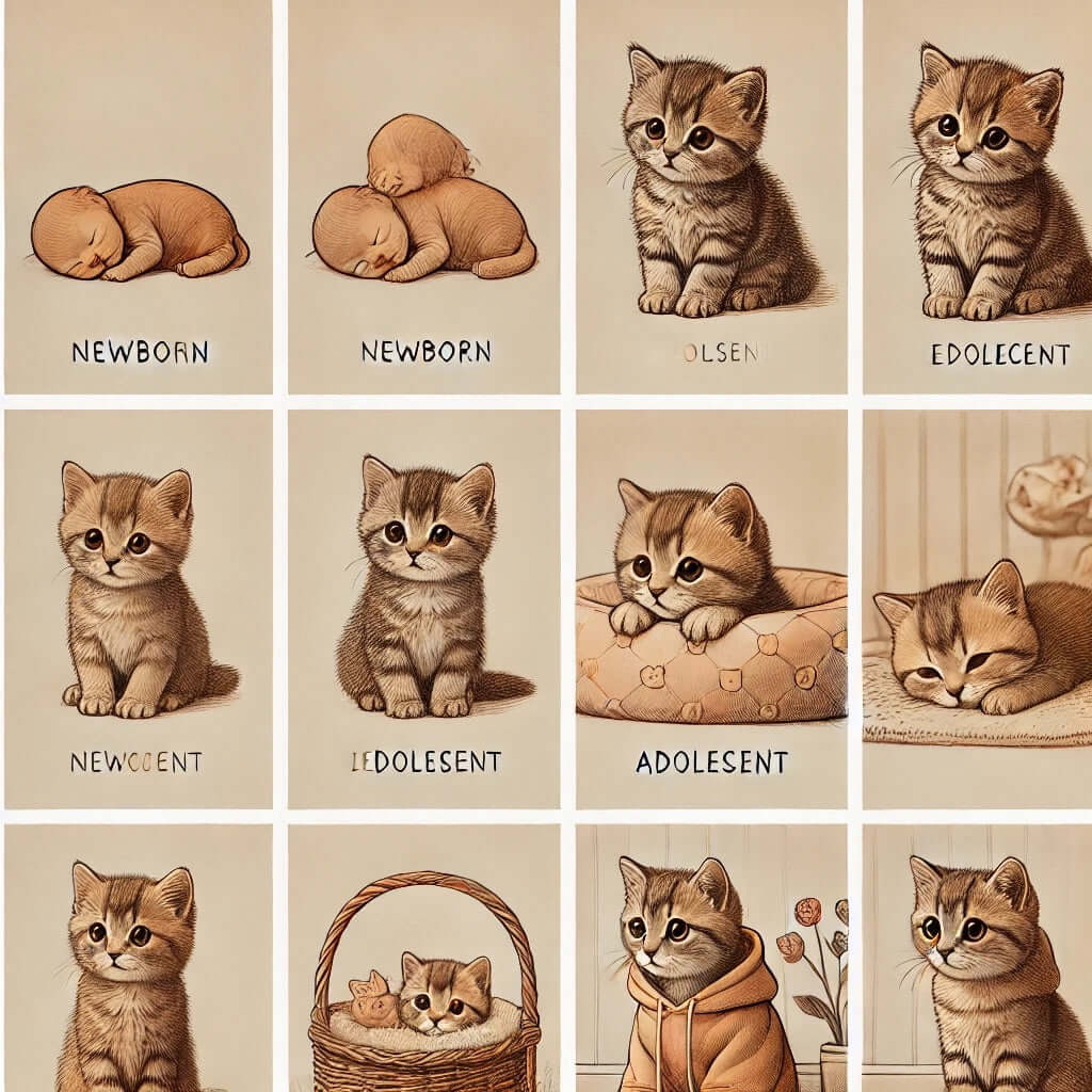 Illustration de chatons à différents stades de leur vie : nouveau-né, adolescent et adulte, mettant en valeur leur croissance et leur beauté.