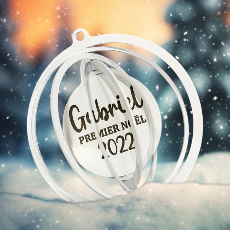 Boule 3D personnalisée gravée – métal Ø 80 mm, finitions blanc/chrome/or
