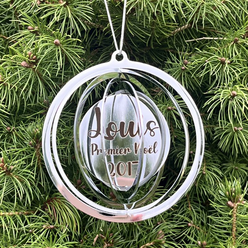 Boule 3D personnalisée gravée – métal Ø 80 mm, finitions blanc/chrome/or