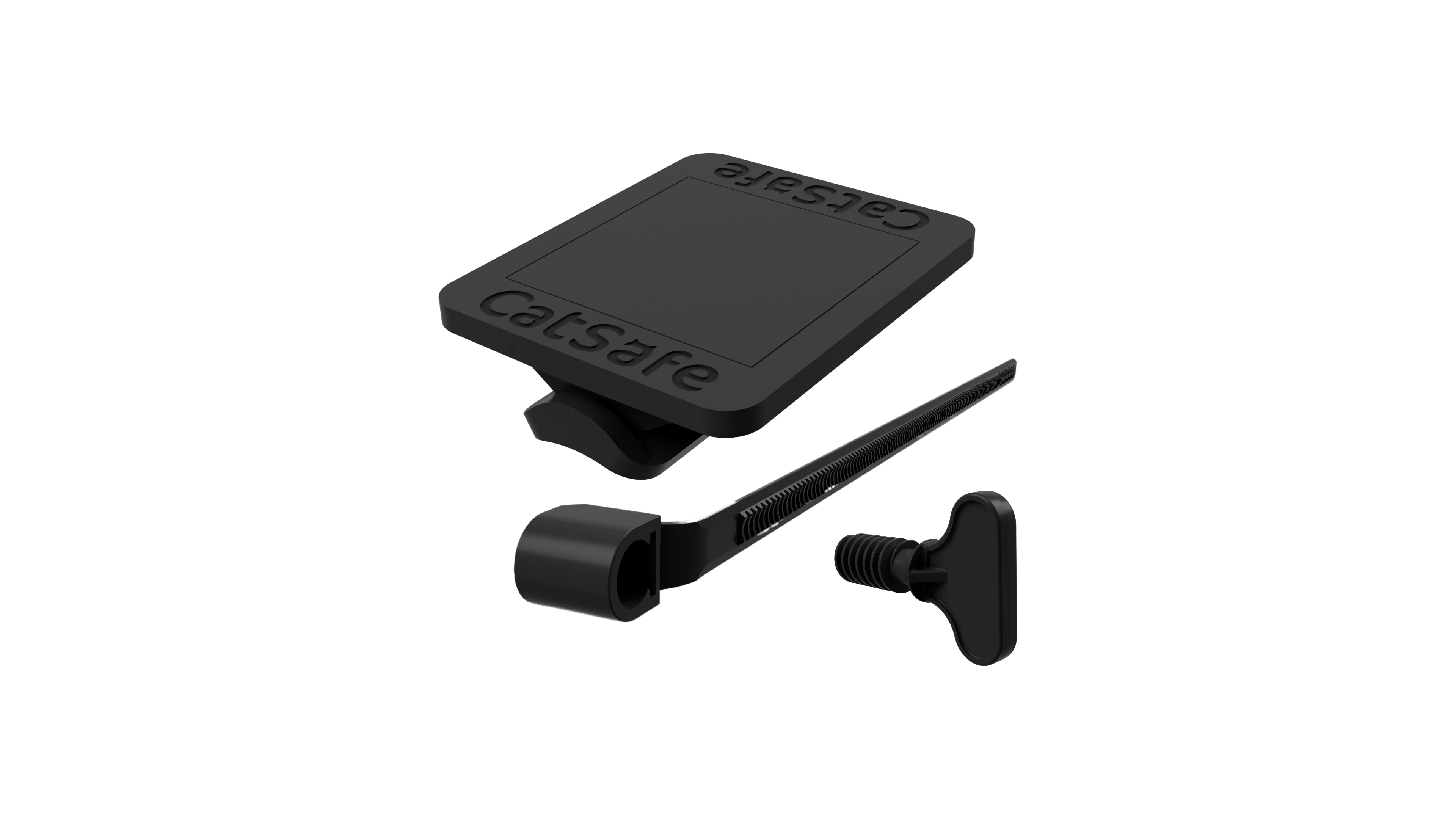Cat-Roundbar-Kit CatSafe components, including a safety latch, screw, and mounting plate for balcony security.