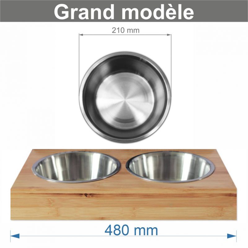 Support écuelles métal & bambou « Chat » – 2 gamelles inox • Made in France