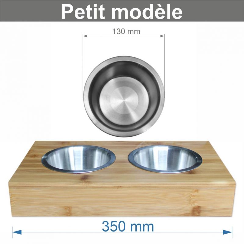 Support écuelles métal & bambou « Chat » – 2 gamelles inox • Made in France