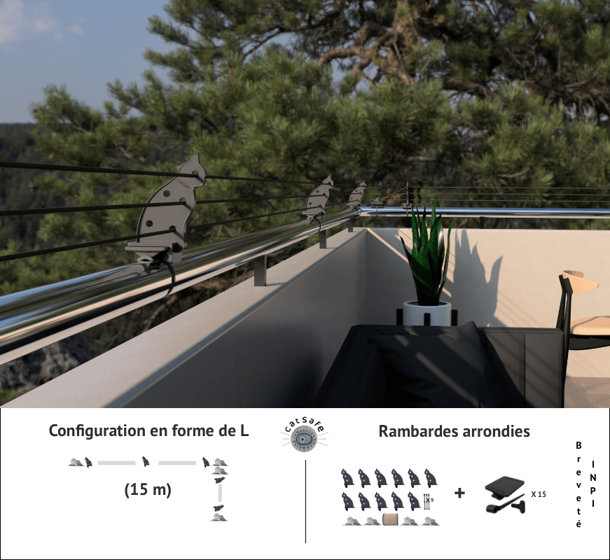 Protection balcon en L avec rambardes arrondies, configuration de 15 m par Catsafe. Sécurité moderne et esthétique.