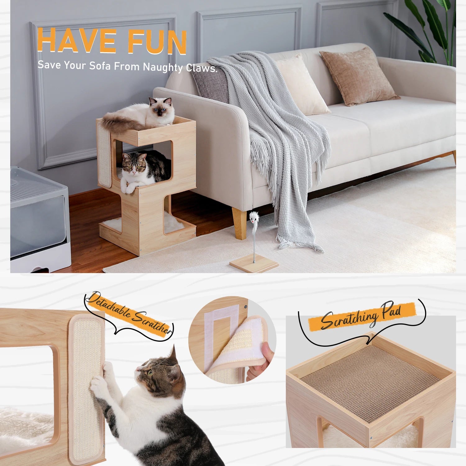 Arbre à chat multi-niveaux moderne – Griffoir, coussins doux et jouets interactifs