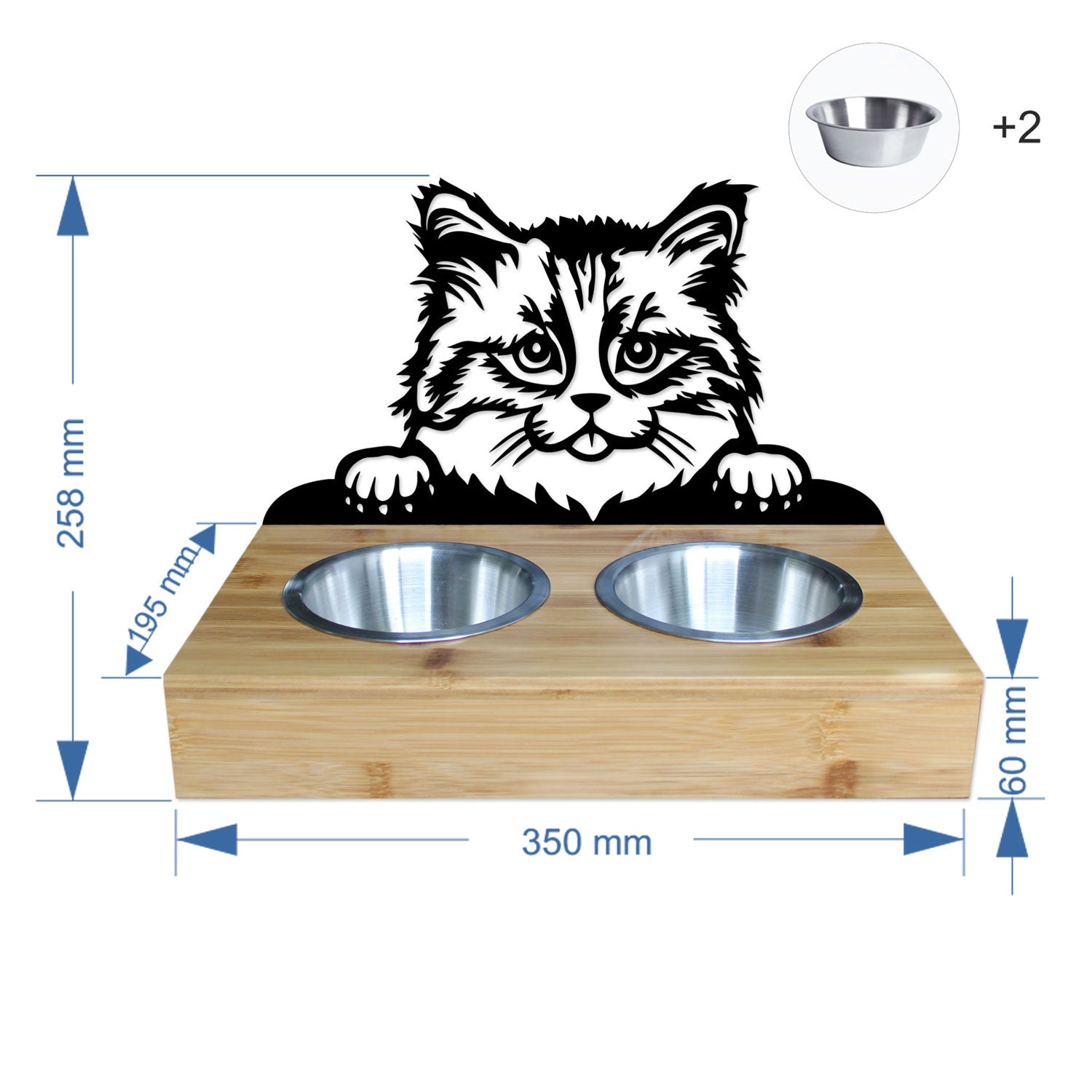 Support écuelles métal & bambou « Chat » – 2 gamelles inox • Made in France