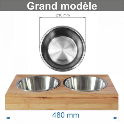 Support écuelles métal & bambou « Chat » – 2 gamelles inox • Made in France