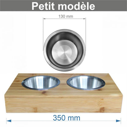 Support écuelles métal & bambou « Chat » – 2 gamelles inox • Made in France