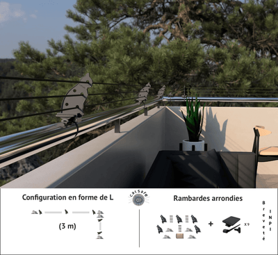 Protection de balcon en forme de L avec rambardes arrondies, configuration de 3 m pour une sécurité optimale.