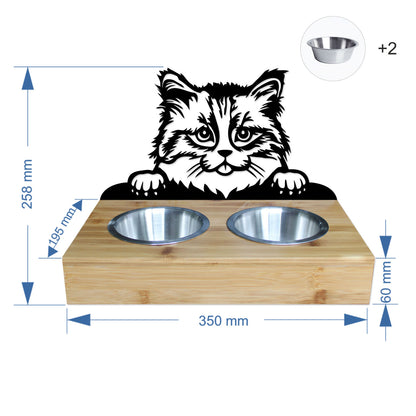 Support écuelles métal & bambou « Chat » – 2 gamelles inox • Made in France