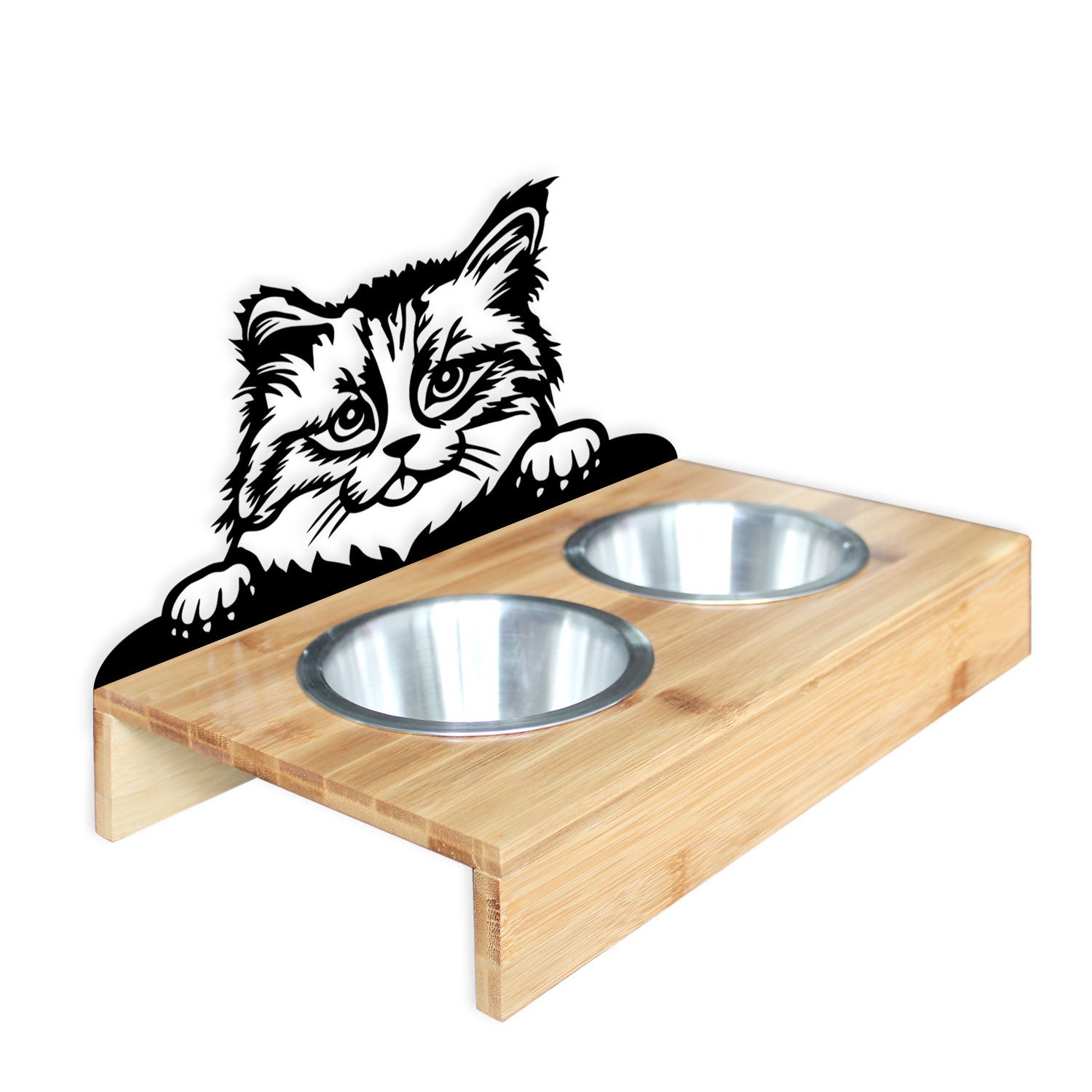 Support écuelles métal & bambou « Chat » – 2 gamelles inox • Made in France